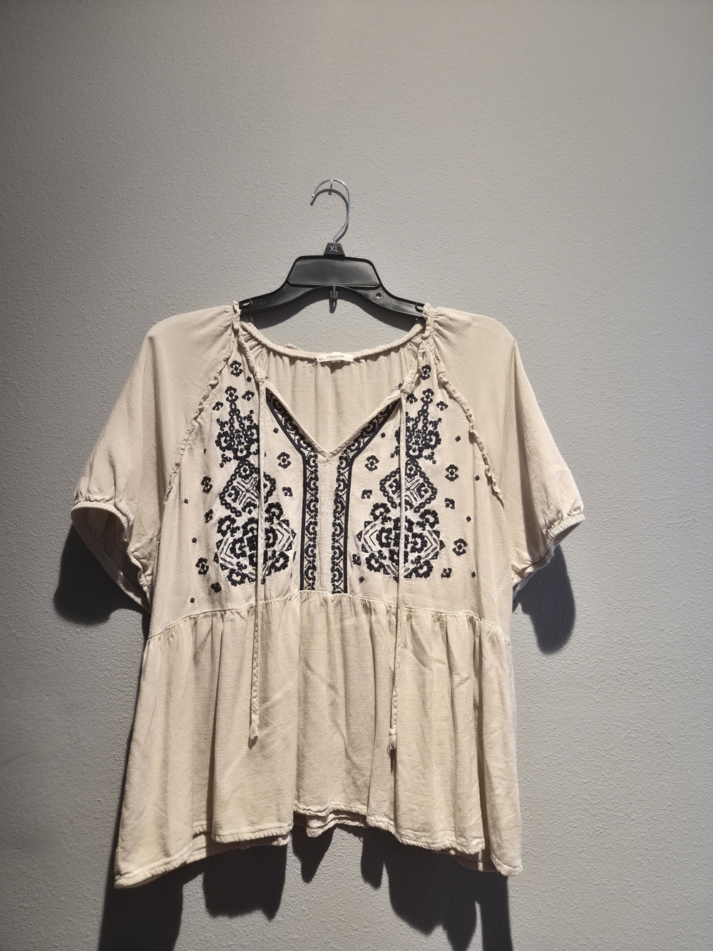 Maurices Cream Peasant Tunic with Black Embroidery